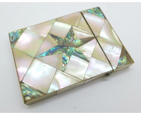 A late 19th Century abalone and mother of pearl card case, 74mm x 104mm 