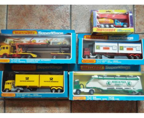 Matchbox SuperKings - five diecast models comprising K-3 Grain Transporter, K-17 Container Truck, K-43 Log Transporter, K-6 C
