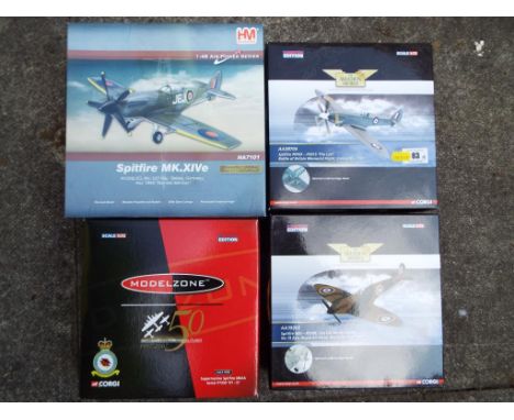 Aviation Archive by Corgi / HM Hobbymaster - four scale model Spitfires comprising AA38704, AA39202, Corgi Modelzone AA31930 