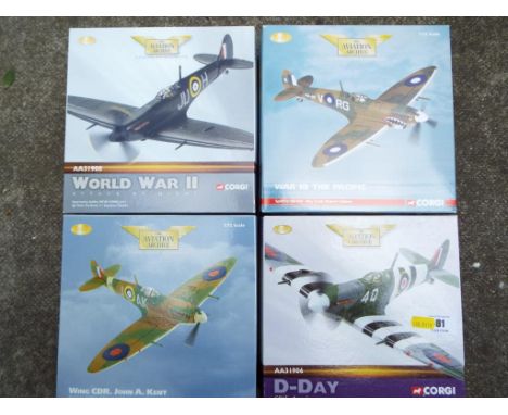 Aviation Archive by Corgi - four 1:72 scale diecast model Spitfires, AA31906, AA31908, AA31915 and AA31917, all appear mint b