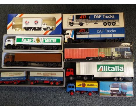 A collection of diecast tractor / trailer units and similar, Conrad - Mercedes rigid tipper promotional - mint model and box.