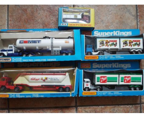 Matchbox SuperKings - five diecast models comprising K-3 Grain Transporter Kelloggs, K-17 Container Truck 7UP, K-17 Container