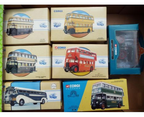 Corgi Classics - six diecast model buses and coaches, # 97311, 97205, 97201, 97204, 35201 and 98462, and Dibnah's Choice Garr