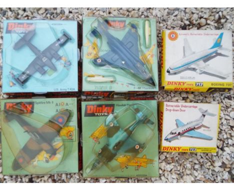 Dinky Toys - six original vintage diecast model aeroplanes comprising 717 Boeing 737, 723 Hawker Siddeley HS 125 Executive Je