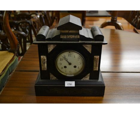 19th Century black slate and marble mounted two train mantel clock (at fault) 