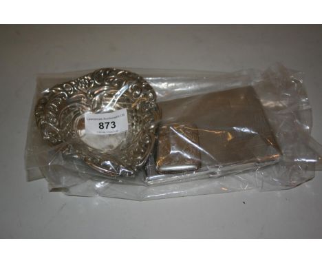 Silver vesta case, cigarette case and trinket dish 