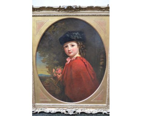 Attributed to Edwin Longsden Long, oil on canvas, portrait of Florence Amy Marler, wearing a red cloak and holding a bouquet 