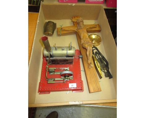 Mid 20th Century model live steam stationary engine together with a carved wooden crucifix, a Barrows Patent hand pruner, spi