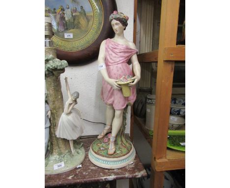 Large late 19th Century Continental bisque figure of a classical maiden carrying a basket of flowers, 24ins high 