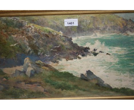 Emily R. Stones, signed watercolour, extensive coastal landscape, gilded oak framed, 11.5ins x 20ins 