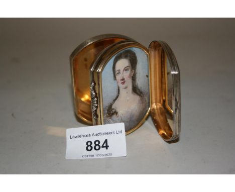 Early Victorian silver snuff box, the double hinged cover opening to reveal a portrait miniature of a lady, London 1841, make