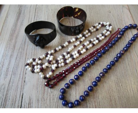 Freshwater pearl and amber necklace, two other bead necklaces, a bois noirci bangle and a tortoiseshell bangle 