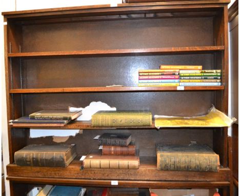 Pair of mid 20th Century oak four shelf open bookcases, a similar larger triple section bookcase together with a rectangular 