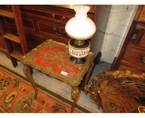 Italian rectangular composition and gilt coffee table and an Italian porcelain and gilt brass lamp for electricity with opaqu