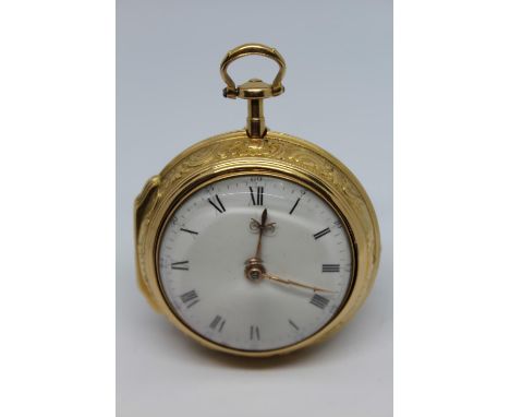 Edward Ellicott.  Gold pair cased repousse ruby cylinder watch, signed to the back plate Ellicott, London, No. 4665, similarl