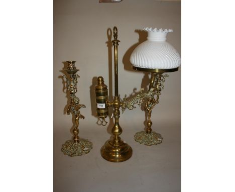 Early 20th Century brass student's lamp adapted for use with electricity with an opaque glass shade together with a pair of b
