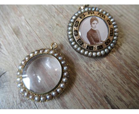 19th Century split pearl and black enamel mourning brooch / pendant together with another similar locket 