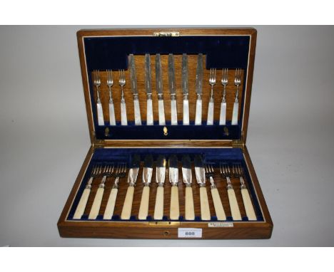 Cased set of six Sheffield silver bladed fish knives and forks, together with a matching set of mother of pearl handled and s