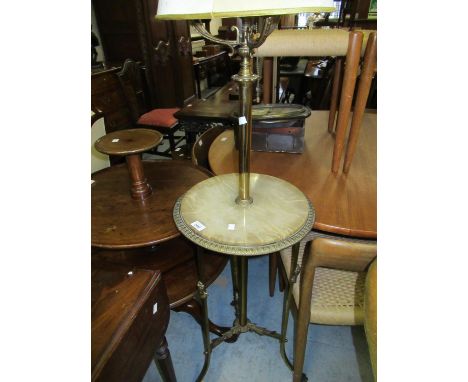 Edwardian gilt brass lamp standard / table, having marble inset top and square reeded splay supports with paw feet, retaining