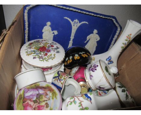 Miscellaneous porcelain trinket boxes, perfume bottle etc together with a millefiori glass paperweight 