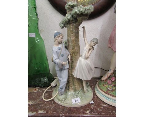 Large Lladro table lamp base in the form of figures of a clown and ballet dancer at the base of a tree, 18.5ins high 