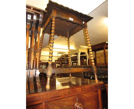 1930's Oak occasional table with shaped square top on bobbin turned supports together with an oak stool with string seat and 