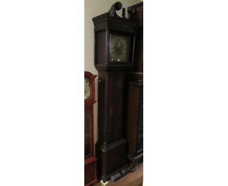 19th Century oak longcase clock, the broken arch hood above a square brass engraved dial with silvered chapter ring having Ar