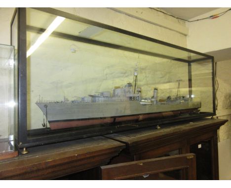 20th Century scratch built scale model of a World War II Tribal class Destroyer (motorized), housed in a metal framed and gla