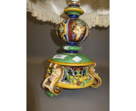 Minton Majolica table lamp, (converted from a comport)Various damages 