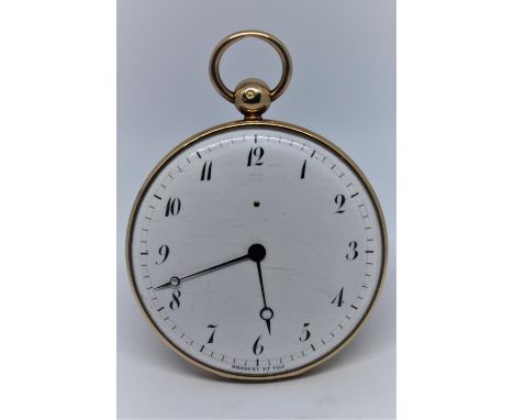 Breguet.  Gold open face ' Souscription ' ruby cylinder pocket watch, the enamel dial with Arabic numerals, signed beneath th