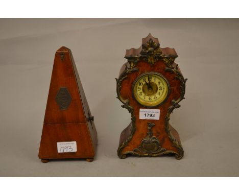 Late 19th or early 20th Century French burr wood and gilt metal mounted mantel clock, together with a mahogany cased metronom