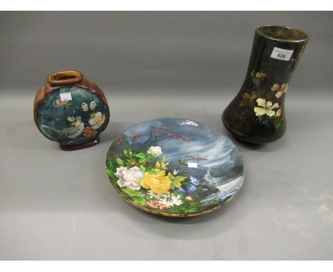 West Country pottery baluster form vase with painted floral decoration, similar moon flask and a similar plateAll these piece