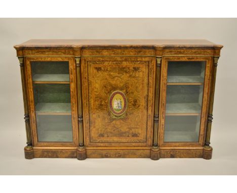 Good quality Victorian figured walnut, marquetry inlaid, gilt brass and porcelain mounted side cabinet, the crossbanded and l