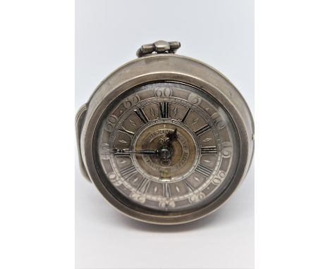 Large Continental silver cased verge watch, the full plate gilt movement signed Garnier, the silver Champleve dial with date 