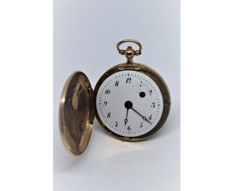 Small Continental gold hunter cased verge watch, the enamel dial with Arabic numerals and offset winding post, the case decor