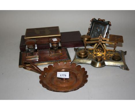 Pair of brass postal scales with weights, copper candlestick holder, frame, two bottle inkstand, brass bound box and a plated