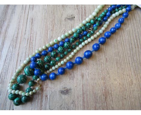 Graduated jade bead necklace, similar malachite necklace and a similar lapis necklace 