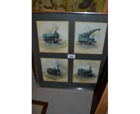 Group of four small David Shepherd prints of trains, signed in pen by the artist and a David Shepherd coloured print of a zeb