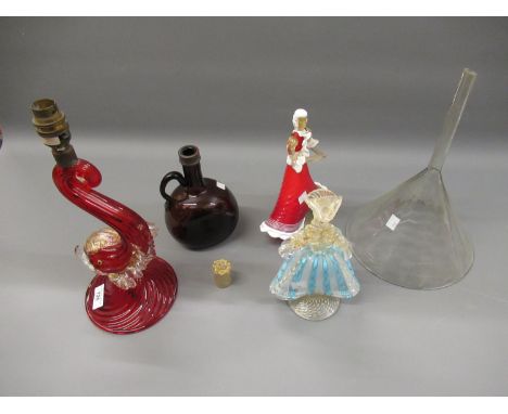 Murano glass table lamp in the form of a dolphin, 13.75ins high, two Murano figures, a brown glass bottle and a large antique