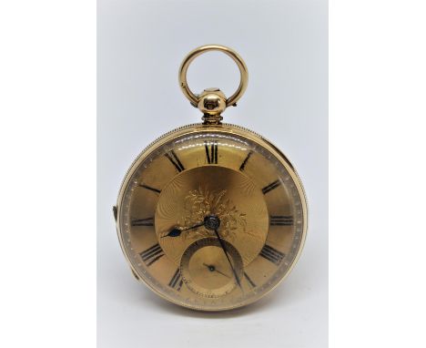 18ct Gold cased open face pocket watch, the unsigned lever movement, No. 58114, the gilt dial with Roman numerals and floral 