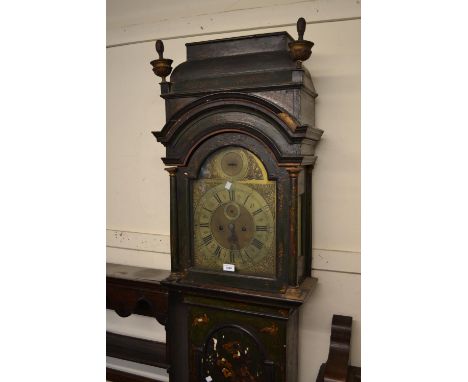 18th Century green chinoiserie lacquer longcase clock, the pagoda hood with original gilt finials above a broken arch dial wi