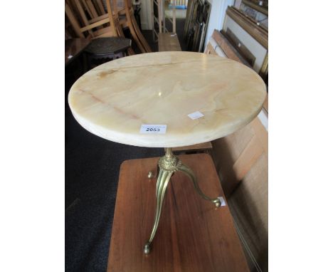 Maison Jansen, circular coffee table with marble top and brass column and supports and a similar table lamp 