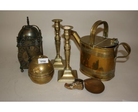 Reproduction metal lantern clock, brass watering can, 1924 Great Exhibition tea caddy and other metalware 