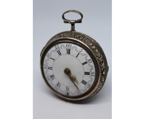 Continental silver repousse pair cased verge watch, the movement signed Roget, London, No. 1192, the outer case decorated in 