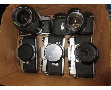 Pentax K1000 camera with 50mm F2 lens, Pentax ME Super camera body, Pentax Super Programme body with Sears zoom lens, Pentax 