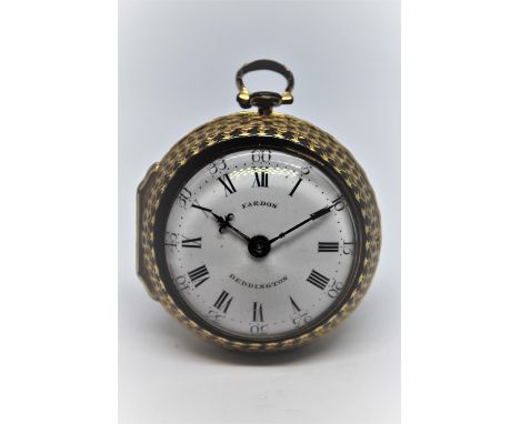 Gilt metal pair cased verge watch, signed to the back plate J.N. Farndon, Deddington, No. 603, the enamel dial similarly sign