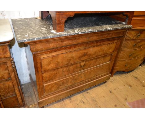 19th Century French burr walnut commode having grey flecked marble top above a moulded drawer and three further long drawers,