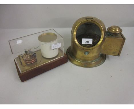 20th Century brass ship's binnacle compass (at fault) and a brass and copper barograph under perspex cover 