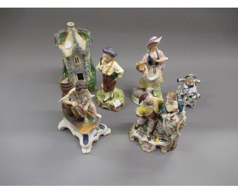 19th Century porcelain figural group of a lady and gentleman, 19th Century pastel burner and four various bisque and porcelai