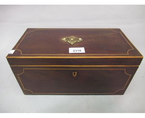 George III mahogany and boxwood line inlaid rectangular tea caddy with later interior 